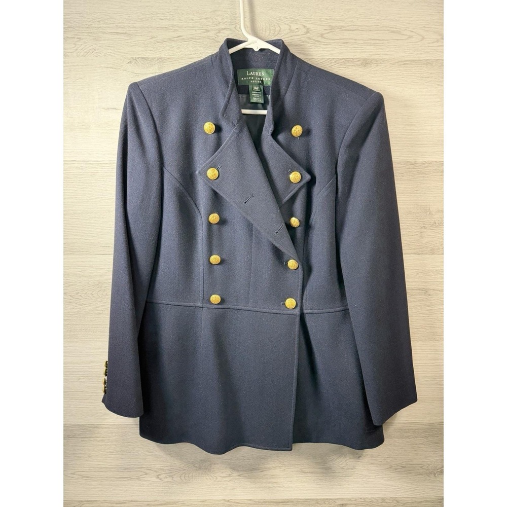 Ralph Lauren Wool Blazer Womens 14P Navy Blue Pea Coat Lined USA Made VTG
